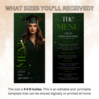 Green Graduation Menu Template with Photo, Grad Dinner or Brunch Menu Card, Class of 2026 Party Menu for Him and Her, Canva Printable