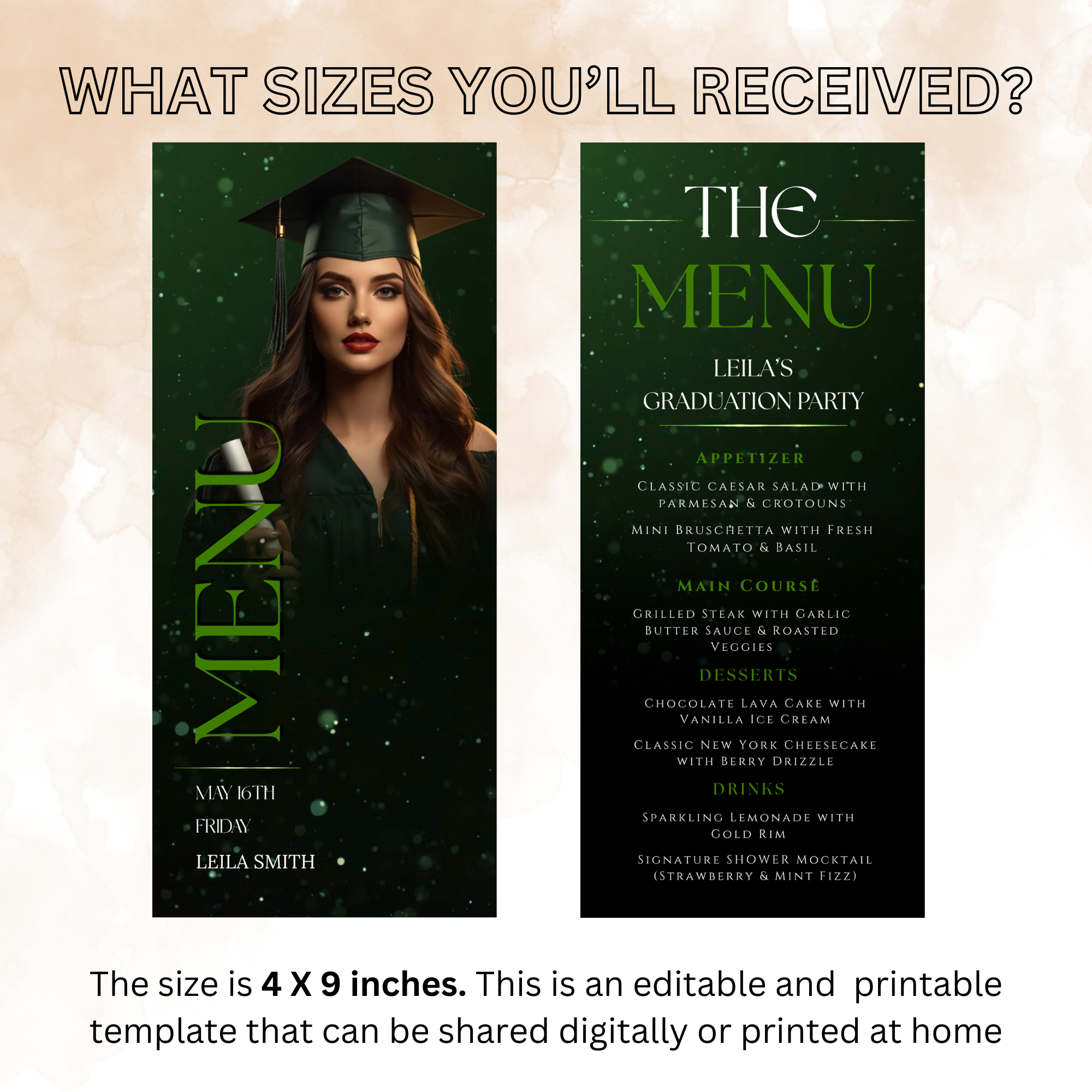 Green Graduation Menu Template with Photo, Grad Dinner or Brunch Menu Card, Class of 2026 Party Menu for Him and Her, Canva Printable
