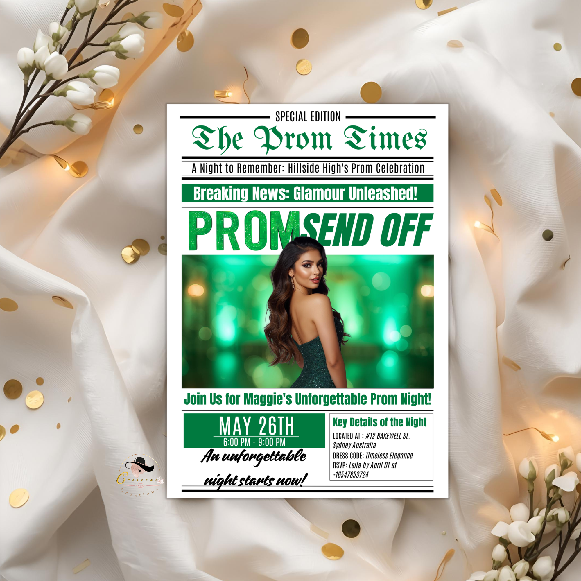 Green Newspaper Prom Send Off Invitation, Prom Queen with photo invite, Teen Boy Prom Night Party Flyer Card, Digital Printable Template