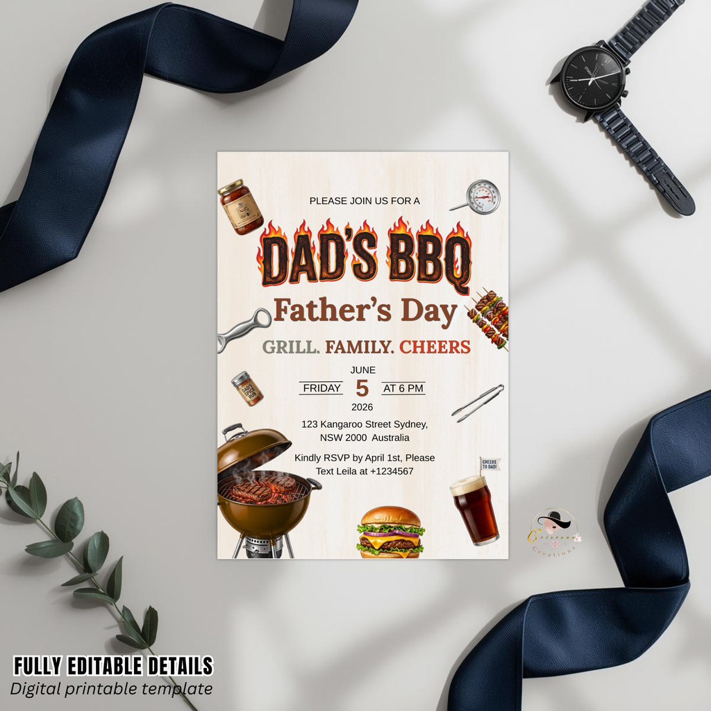 Fathers Day BBQ Party Invitation, Dad Cookout Pool Party Invite, Food Drinks Whiskey Barbecue Celebration, Printable Digital Canva Template