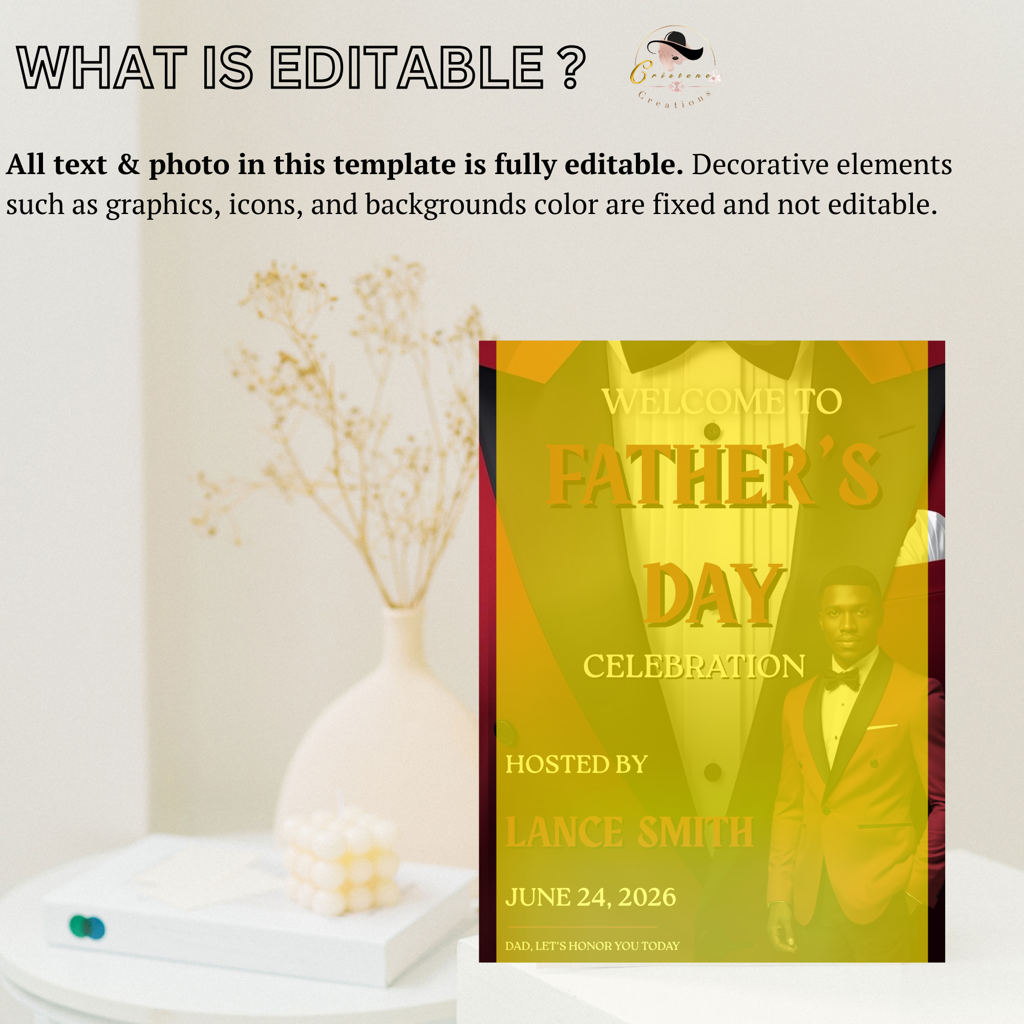 Red Fathers Day Welcome Sign with Photo, Gentleman Tuxedo Poster Sign, Male Birthday Sign, Retirement Party Sign, Printable Canva Template