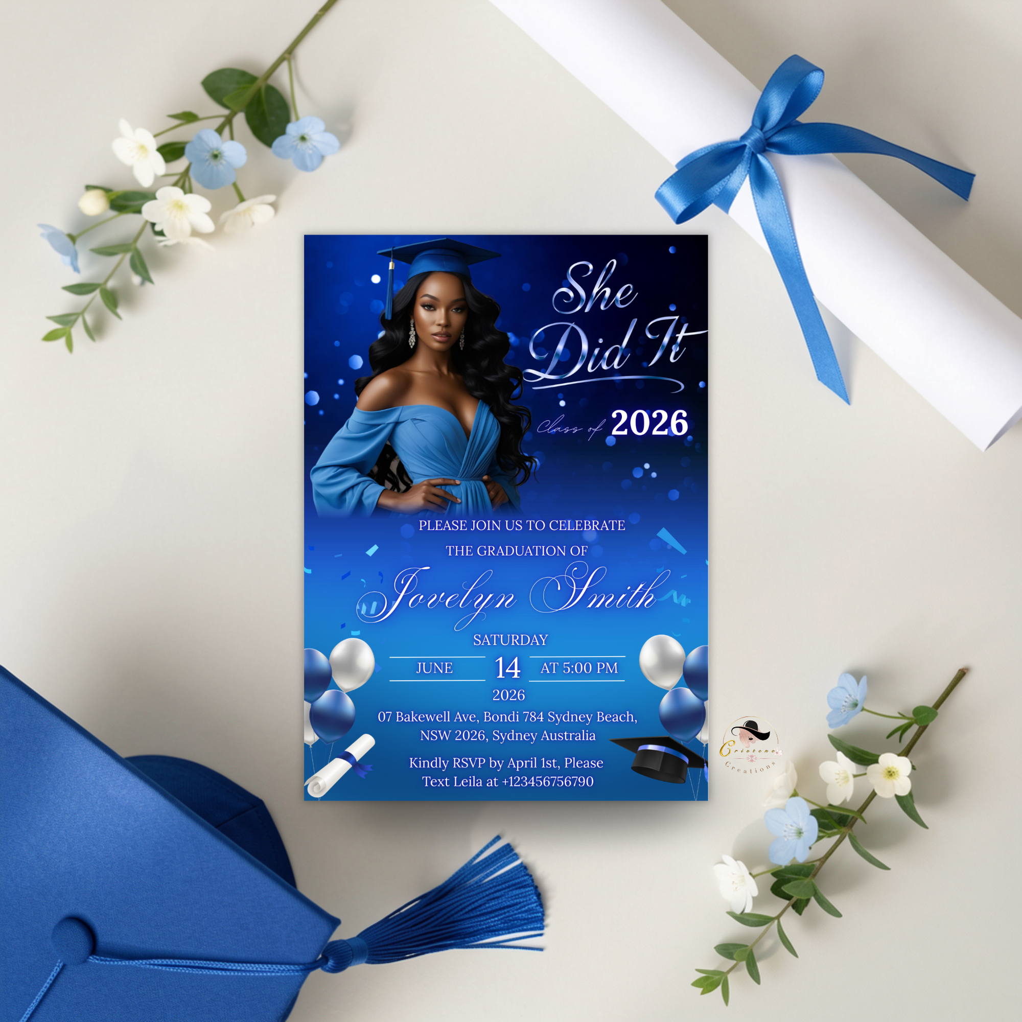 Blue Graduation Announcement Invitation, She Did It invite, Senior Grad Party with photo invite, Class of 2026, Digital Printable Template