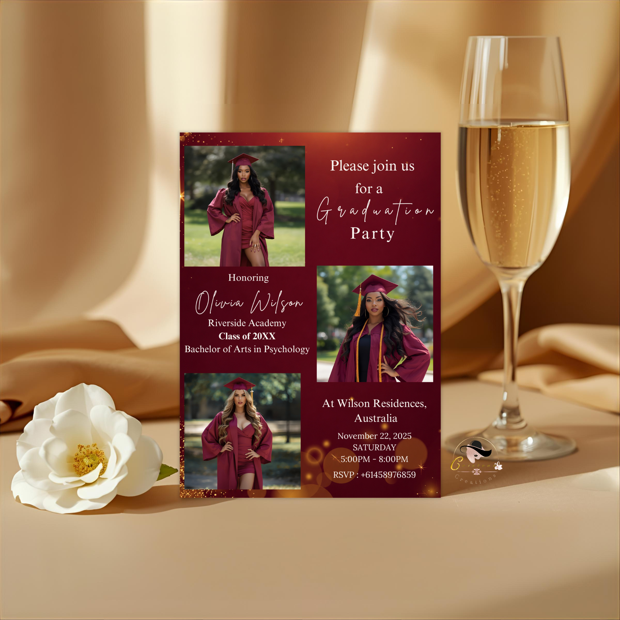 Graduation Invitation with Photo, College High School Senior Grad Party Announcement, Burgundy Gold Printable Editable Digital Template