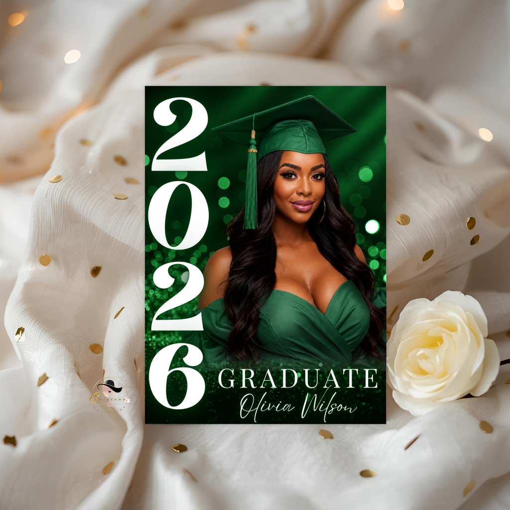 Green Graduation Invitation with Photo, Class of 2026 Grad Announcement for High School College, Girl Boy Graduate, Printable Canva Template