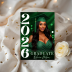 Green Graduation Invitation with Photo, Class of 2026 Grad Announcement for High School College, Girl Boy Graduate, Printable Canva Template