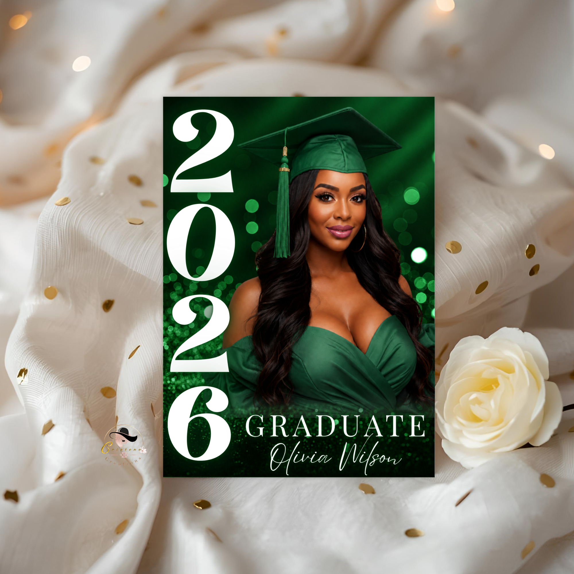 Green Graduation Invitation with Photo, Class of 2026 Grad Announcement for High School College, Girl Boy Graduate, Printable Canva Template