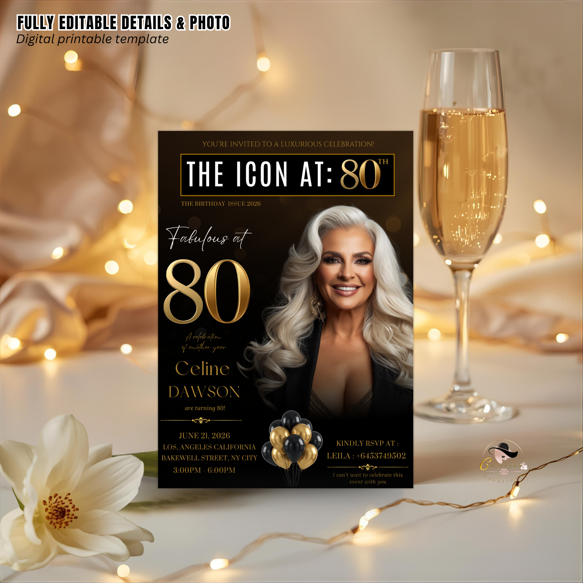 Black Gold 80th Birthday Invitation, 80 and Fabulous with photo Invite, Elegant Birthday Party Dinner Brunch, Digital Printable Template