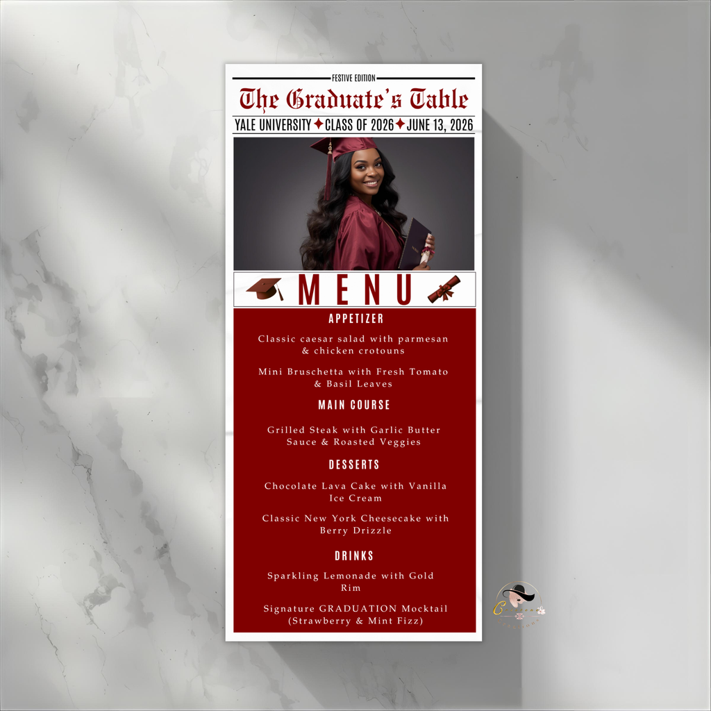 Newspaper Graduation Menu Template, Class of 2026 Grad Party Dinner Menu Card For Him and Her, Maroon Graduates Menu, Printable Canva