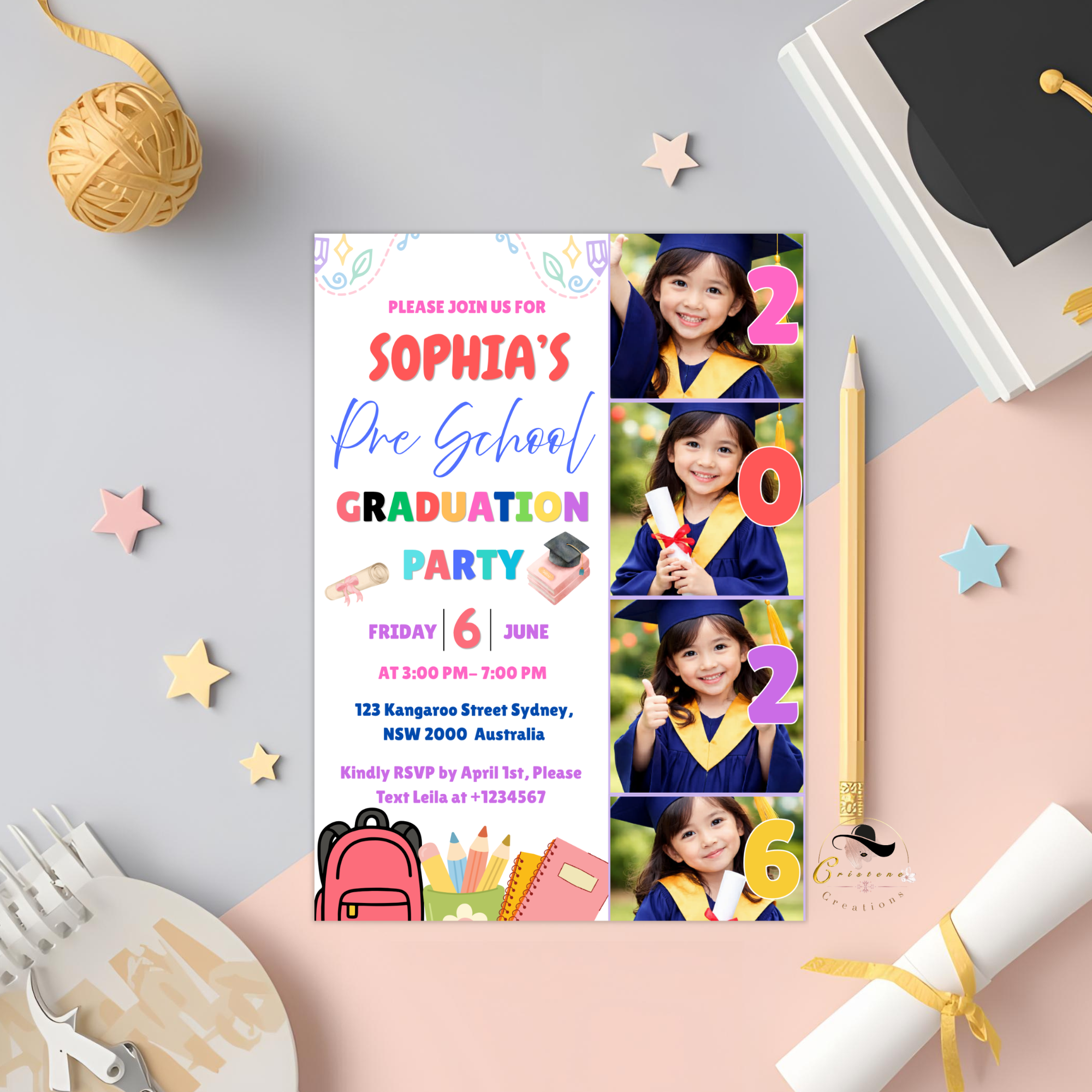 Pre K Graduation Invitation with Photo, Kindergarten Graduation Invite, Class of 2026 Preschool Grad Party Editable Canva Printable Template