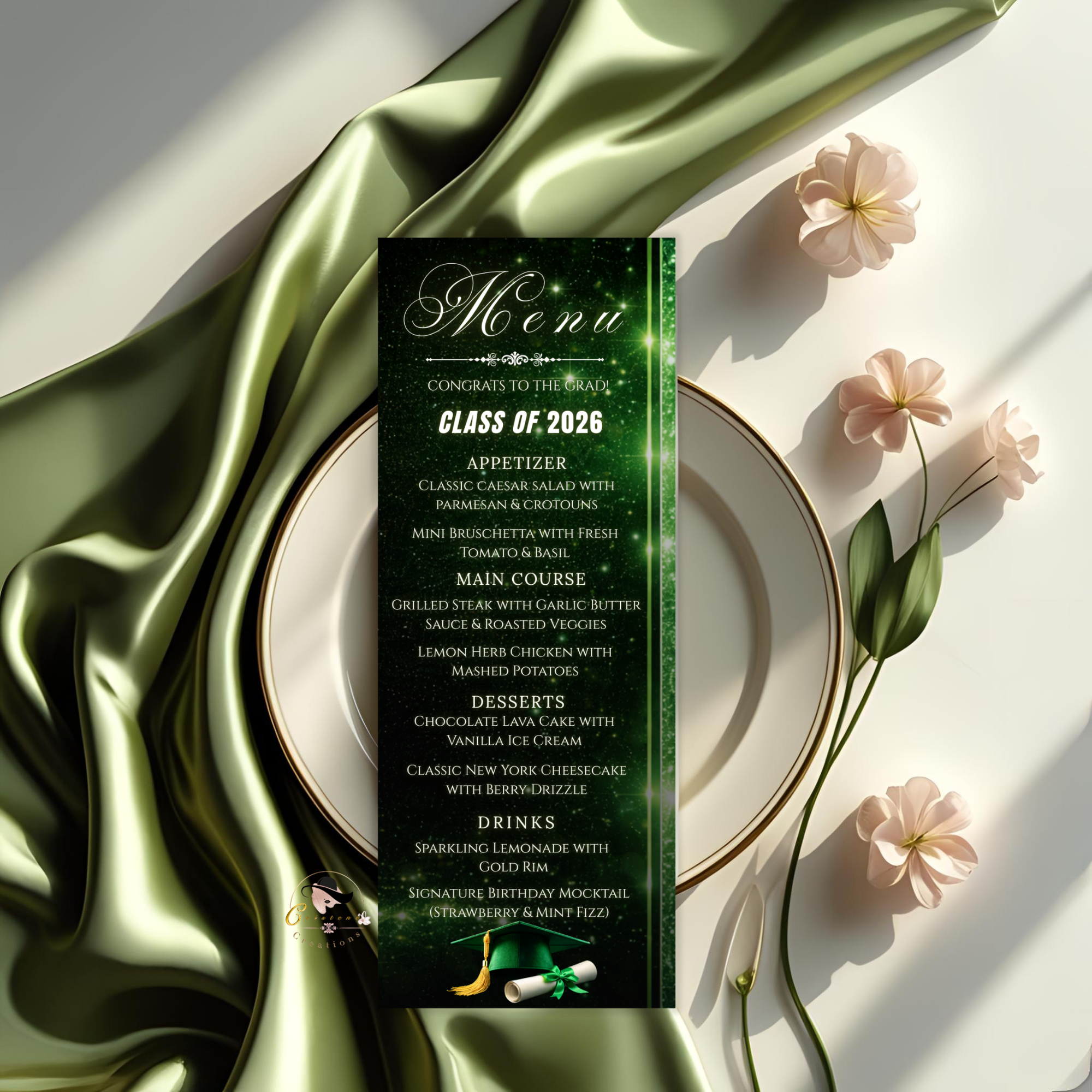 Green Graduation Dinner Menu with Photo, Class of 2026 Menu Card, Elegant Grad Brunch Menu Template, Girl Boy Menu, Editable Canva Printable
