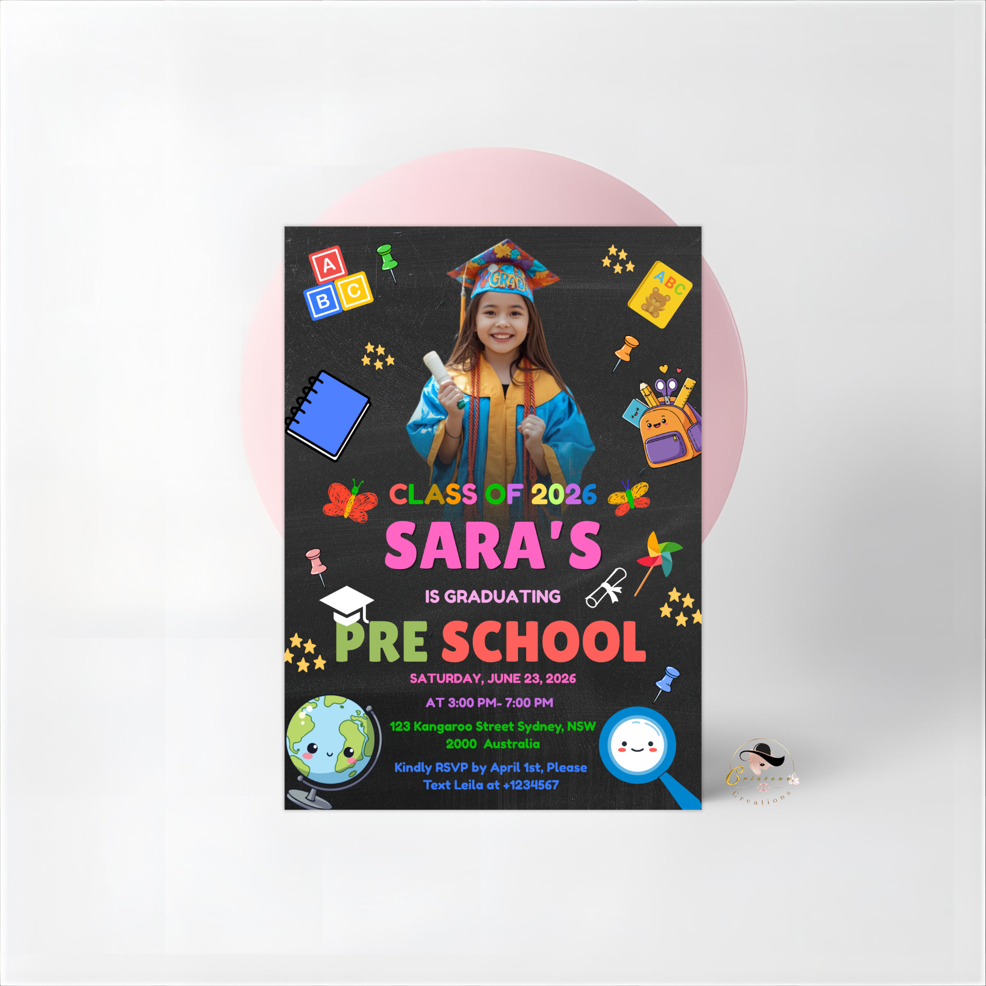 Pre K Graduation Announcement Invitation with Photo, Kindergarten Class of 2026 Invite, Kids Grad Party Invite, Printable Canva Template