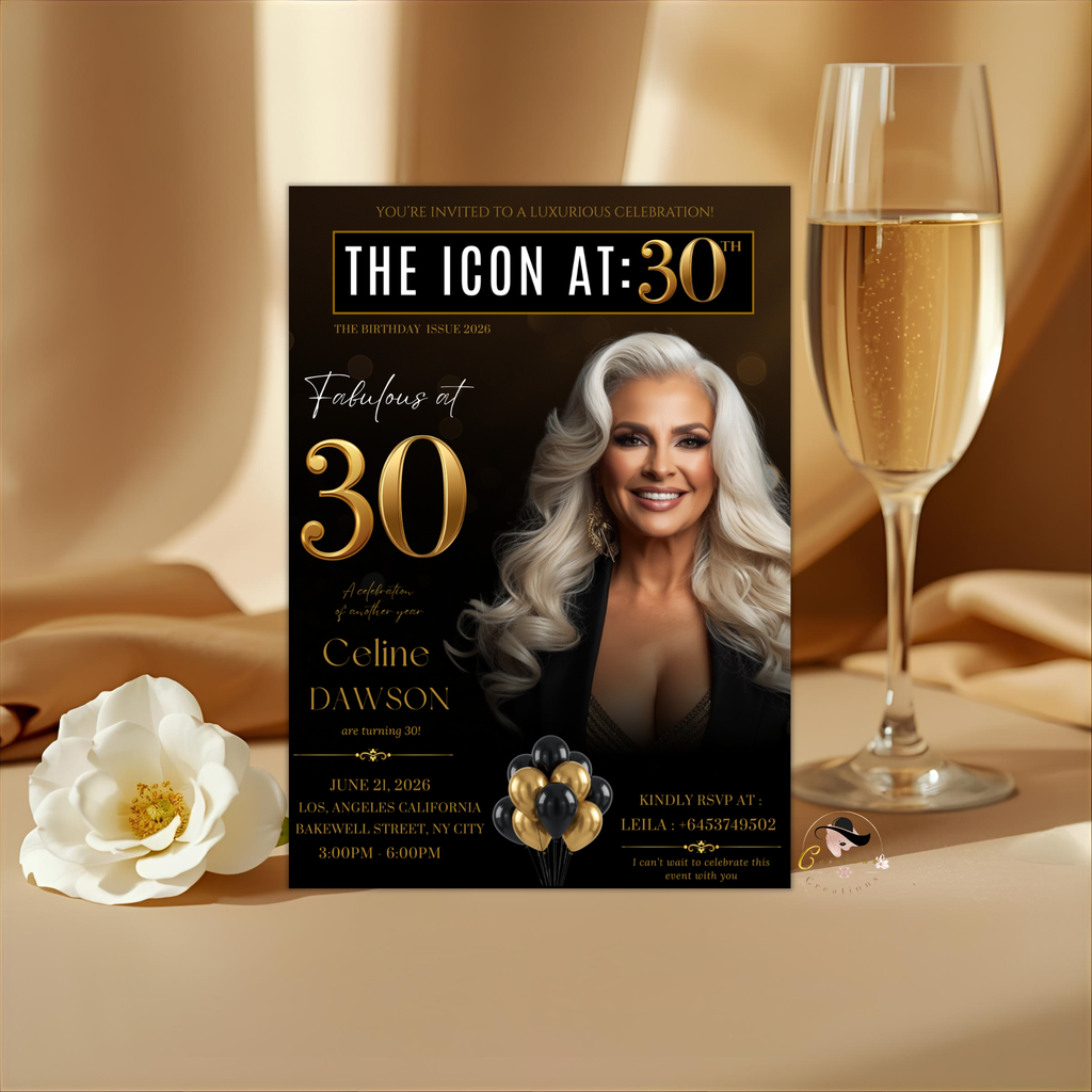 Black Gold 30th Birthday Invitation for Man and Woman, 30 and Fabulous, Elegant Birthday Dinner Invite, Photo Invitation Card Template