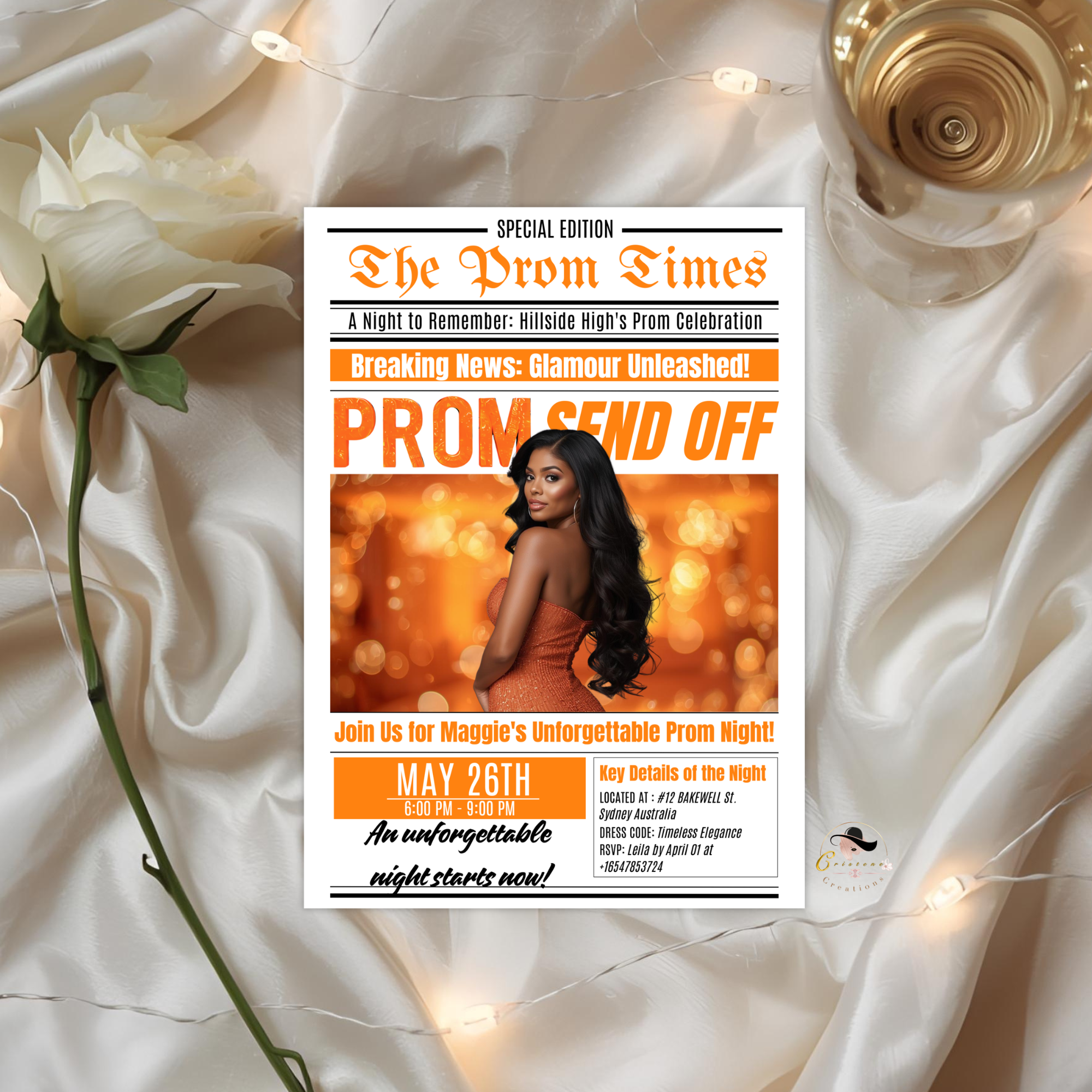 Newspaper Prom Send Off Invitation, Prom Queen with photo invite, Teen Girl Prom Night Party Flyer, Orange Prom, Digital Printable Template