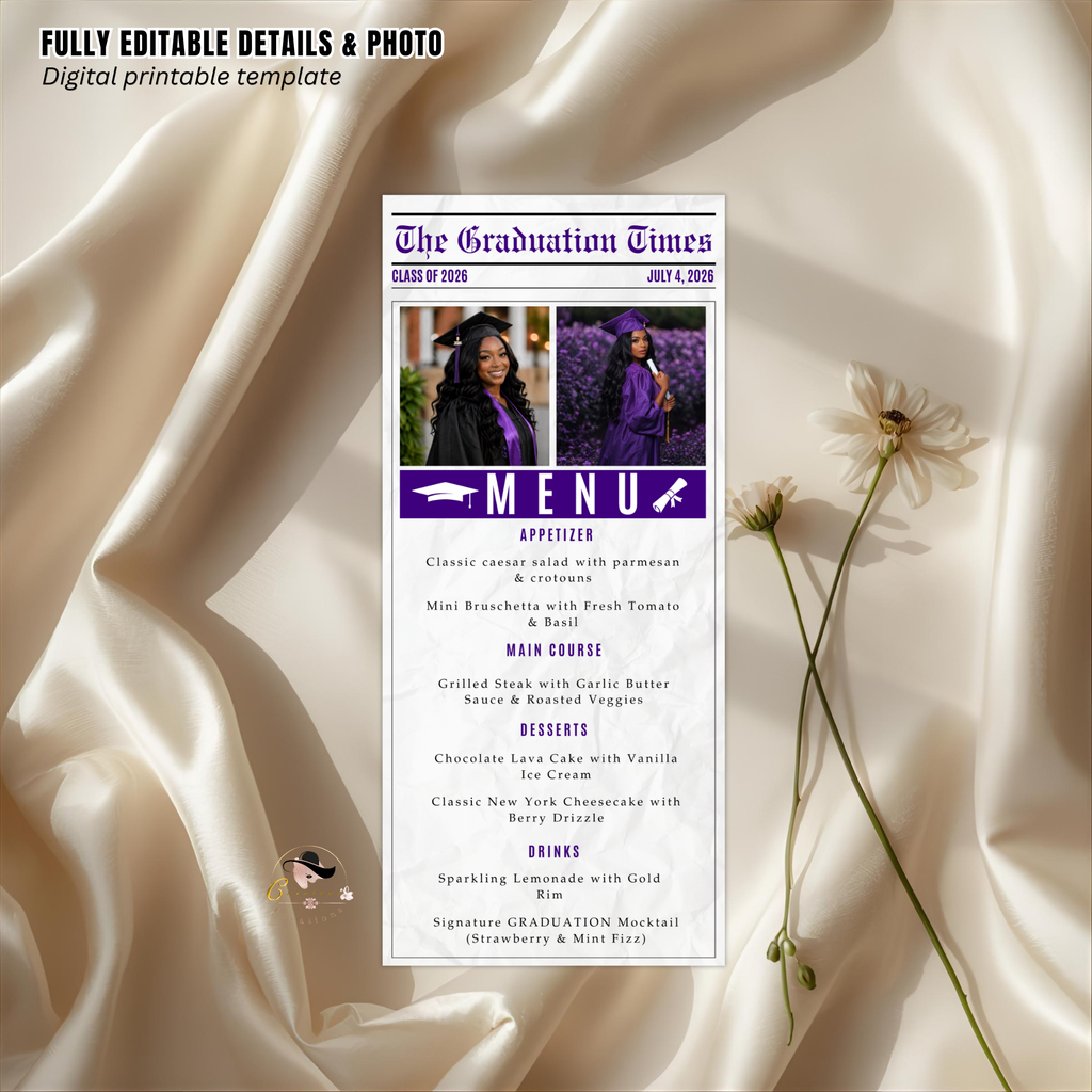 Purple Graduation Newspaper Menu Template with Photo, Senior Grad Party Dinner Menu for High School College, Graduates Menu Printable Card