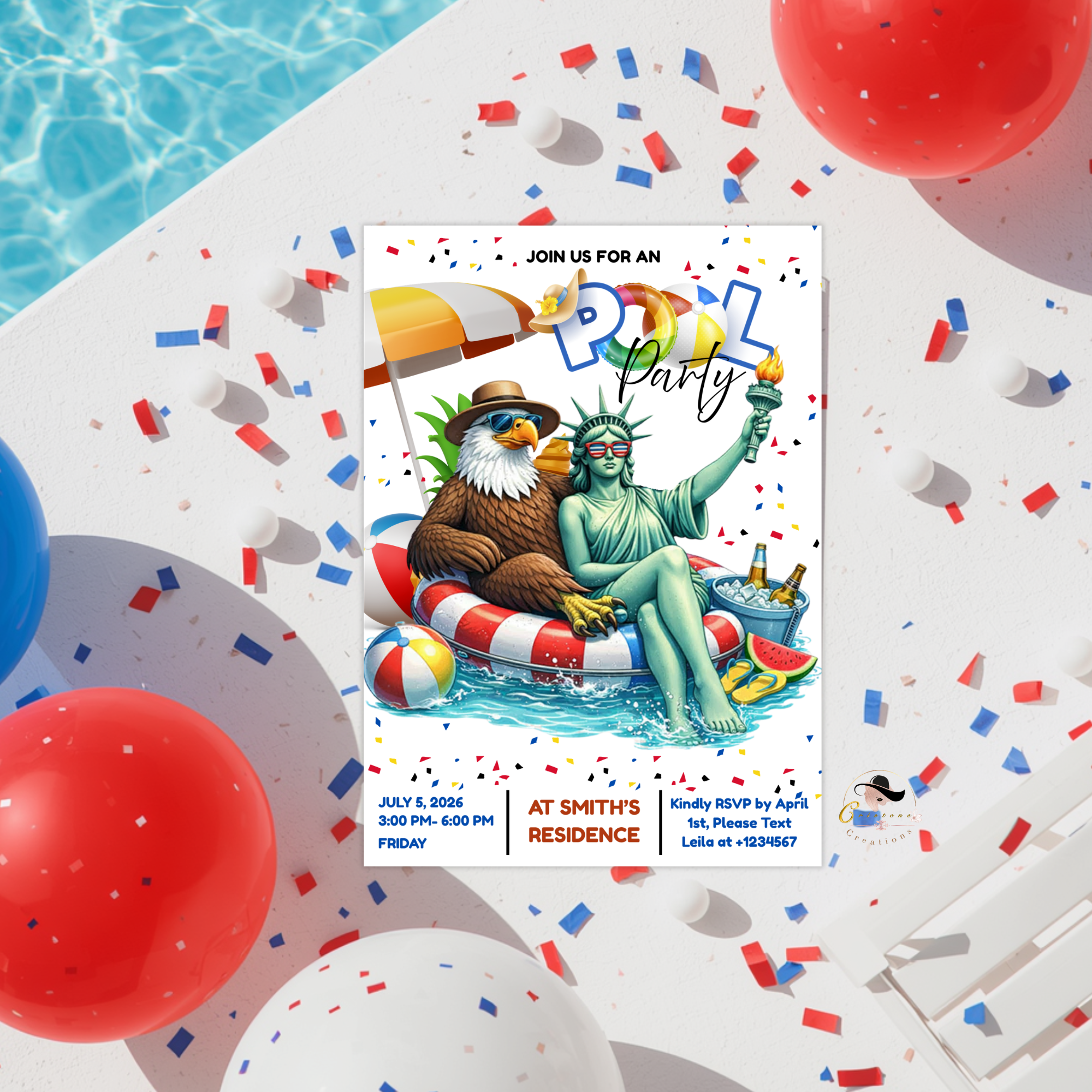 4th of July Invitation Pool Party, USA Independence Day BBQ Cookout Invite, Summer Party, Fourth Of July, Canva Digital Printable Template