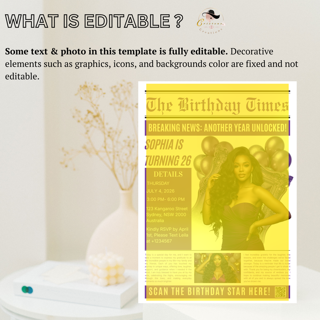 Purple Newspaper Birthday Invitation with Photo, Woman Birthday Dinner & Brunch Party Invite, Adult Celebration Editable Canva Template