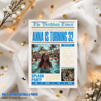 Newspaper Birthday Pool Party Invitation with Photo, Tropical Aloha Hawaiian Luau Adult Summer Party Invite, Printable Digital Template