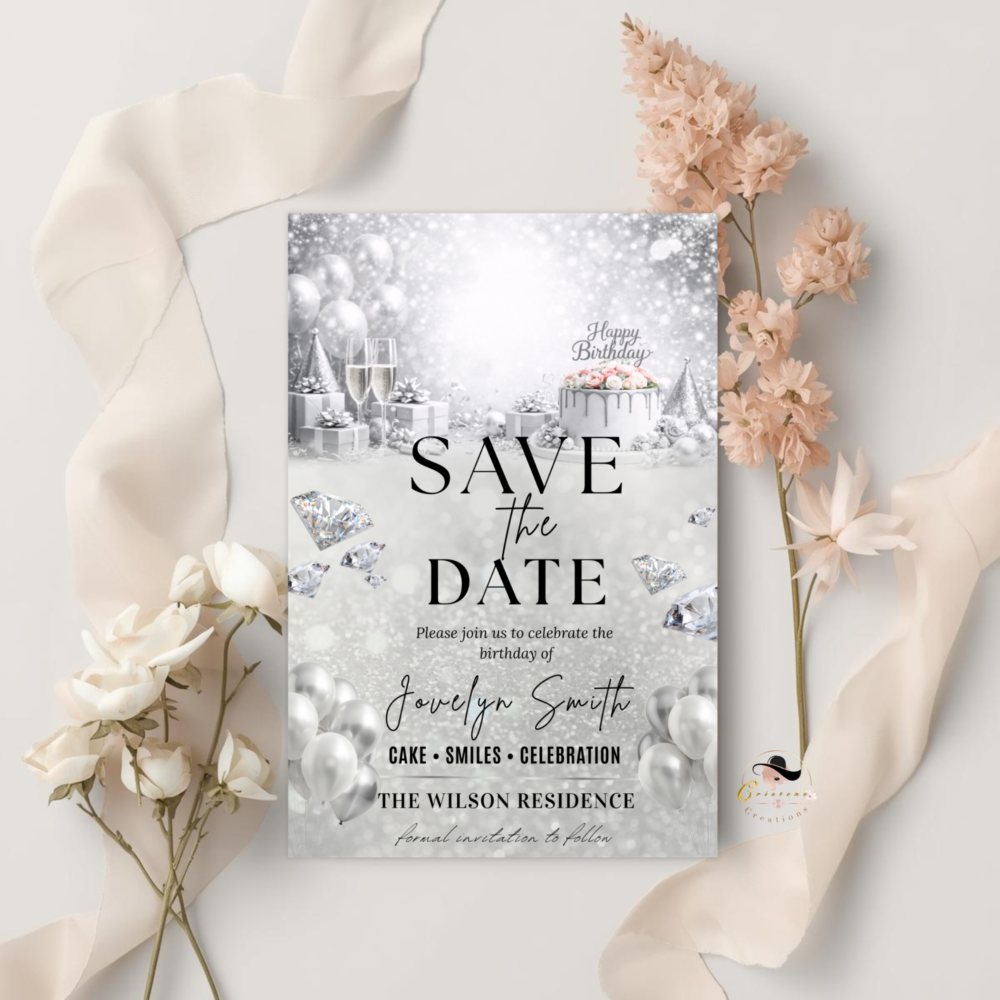 White Silver Save the Date Birthday Invitation, Diamond Jubilee Save Date Party Invite, Elegant Woman Card, Printable Digital Template