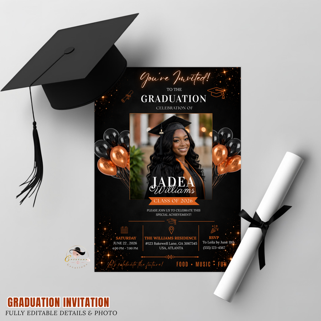 Graduation Party Invitation with Photo, Class of 2026 Grad Announcement Invite for Boys and Girls, Orange Editable Canva Printable Template
