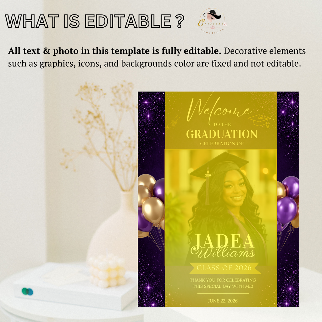 Purple Graduation Party Welcome Sign with Photo, High School College Grad Dinner Brunch Sign for him and her, Editable Printable Template