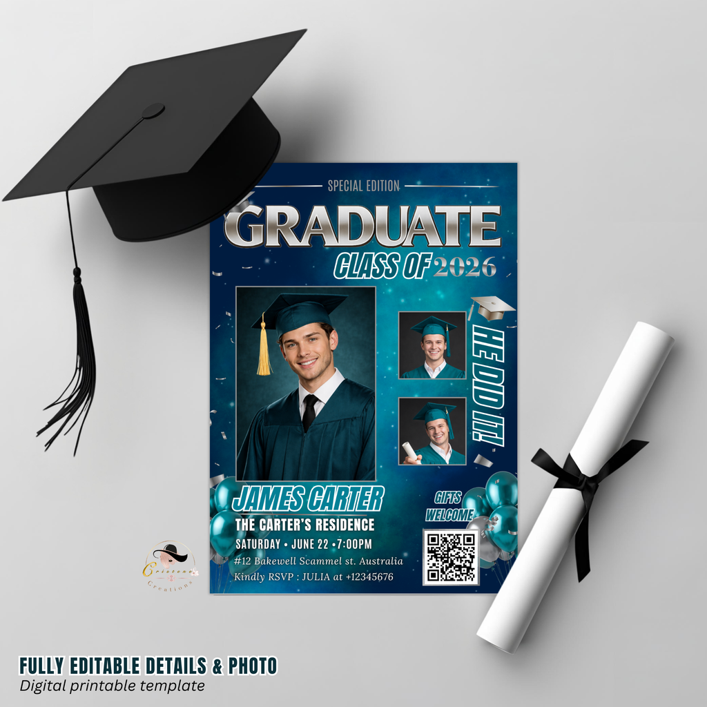 Teal Boy Graduation Invitation, Senior Grad Party with photos invite, Male College High school Graduates Announcement Card Flyer Template