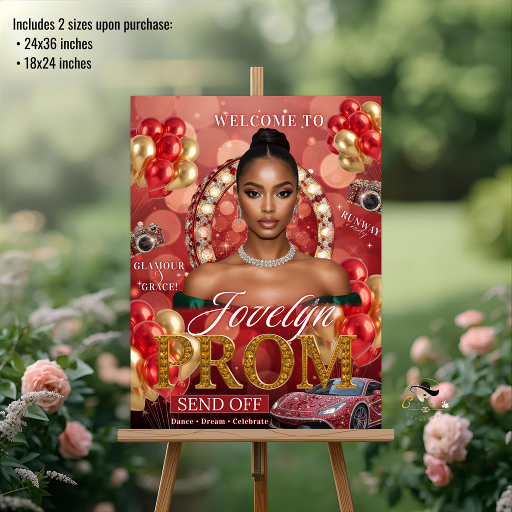 Red Gold Prom Send Off Welcome Party Sign, Prom Queen Poster Sign with photo, Entrance Party Board Sign, Glam Hollywood Printable Template