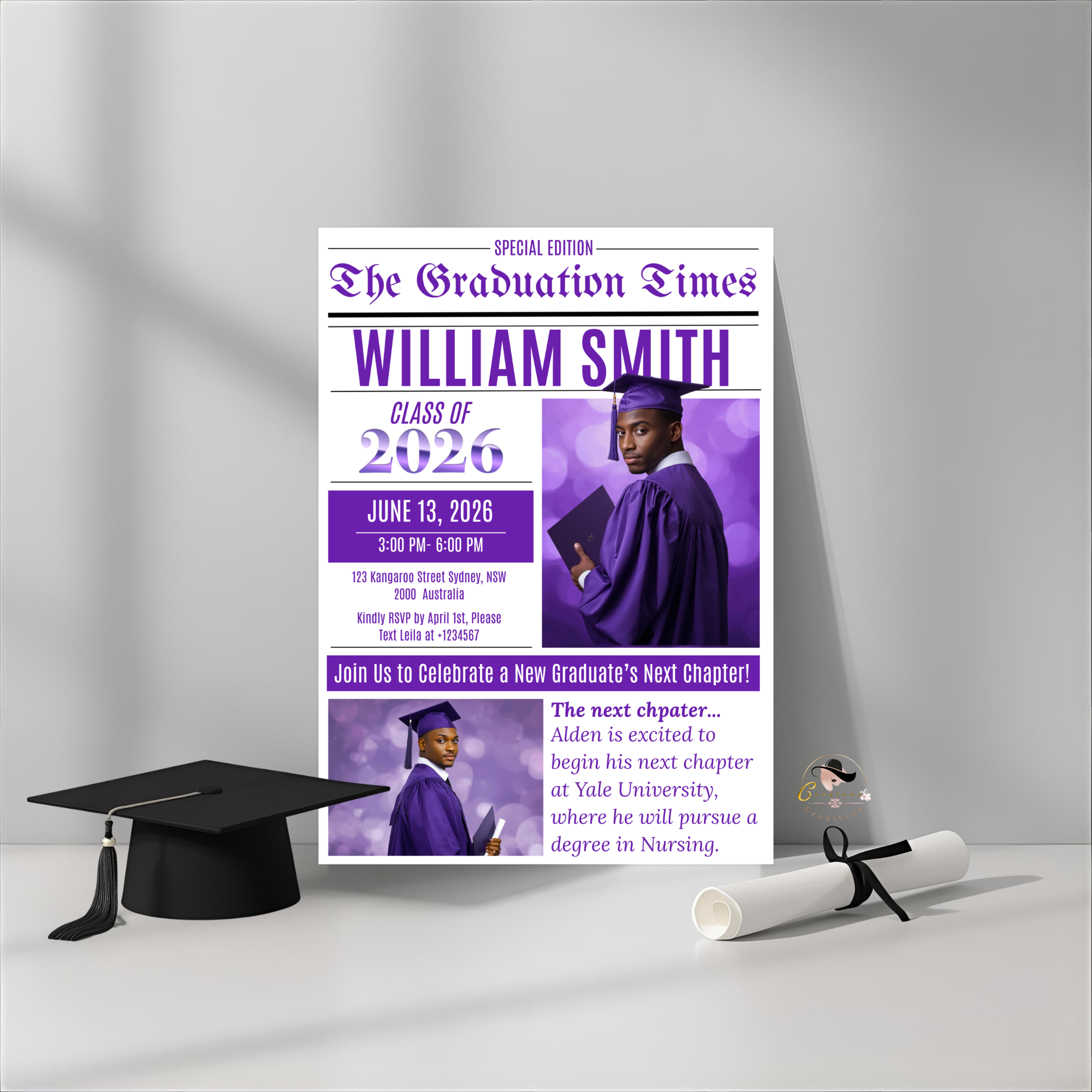 Newspaper Graduation Announcement Invitation with Photo, Senior High School Grad Invite for Boy and Girl, Class of 2026 Canva Template