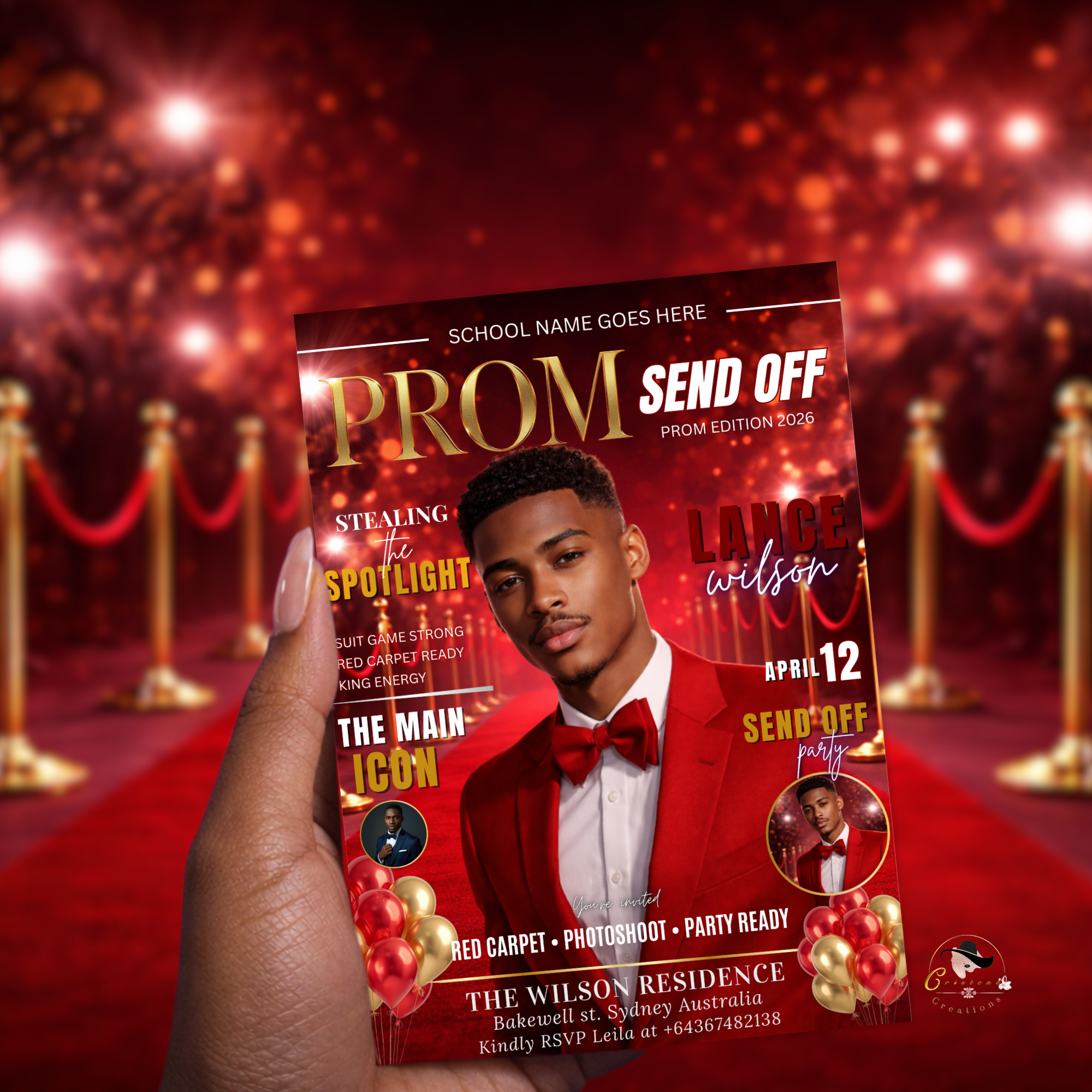 Red Gold Prom Send Off Party Invitation, Prom King with photo invite, Boys Prom Night Flyer Card High School Prom Digital Printable Template