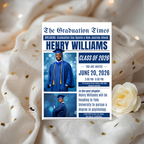 Senior Graduation Invitation with Photo, Newspaper Style High School Grad Announcement Invite for Him, Class of 2026 Editable Canva Template