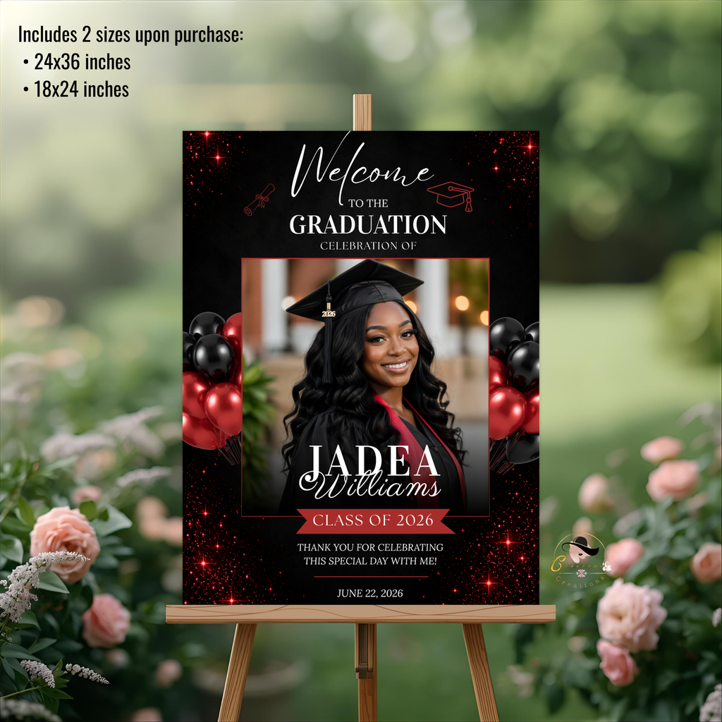 Red Graduation Welcome Sign with Photo, Class of 2026 Party Sign, High School College Grad Dinner Brunch For Him and Her, Printable Template