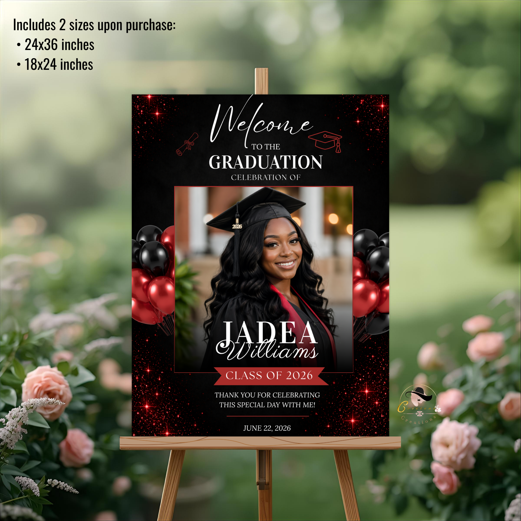 Red Graduation Welcome Sign with Photo, Class of 2026 Party Sign, High School College Grad Dinner Brunch For Him and Her, Printable Template