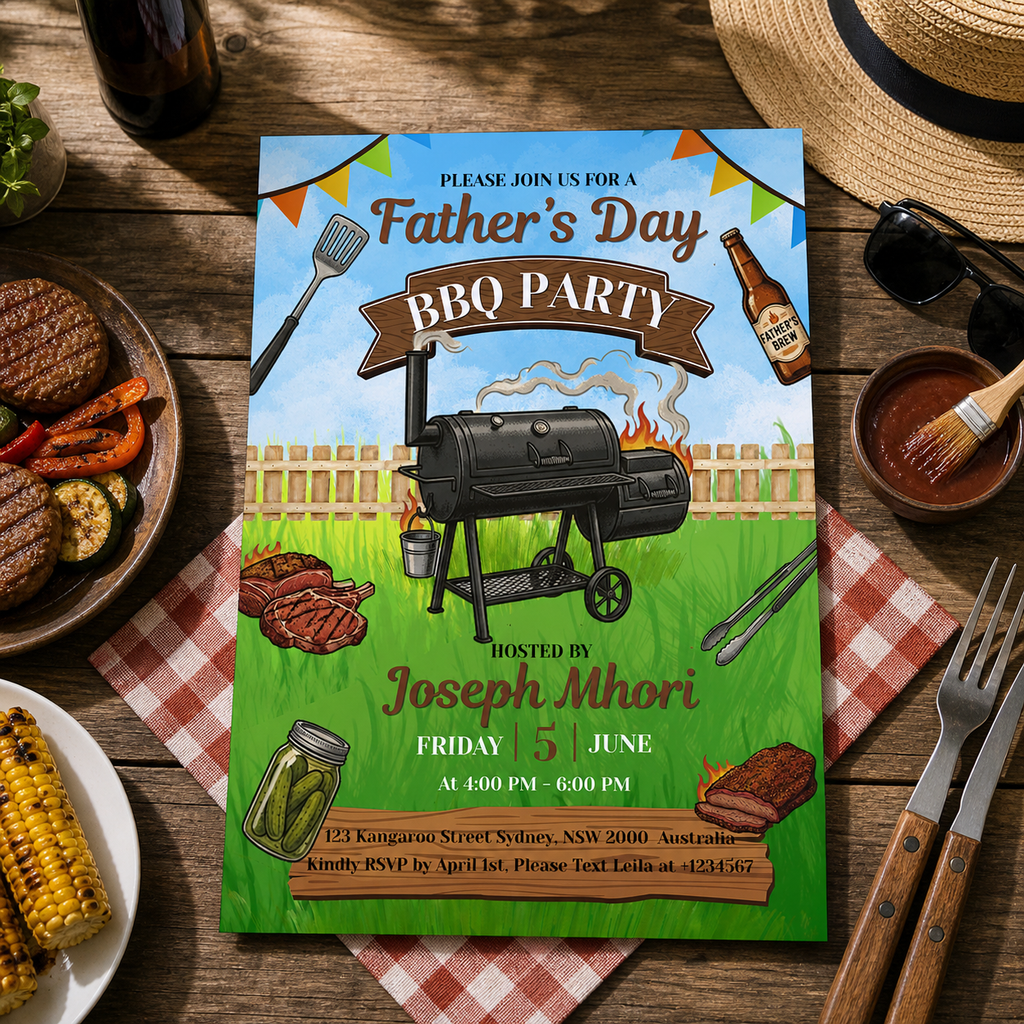 Fathers Day BBQ Cookout Invitation, Dad Party Pool Party Invite, Food Drinks Whiskey, Barbecue Dinner Invite, Printable Digital Template