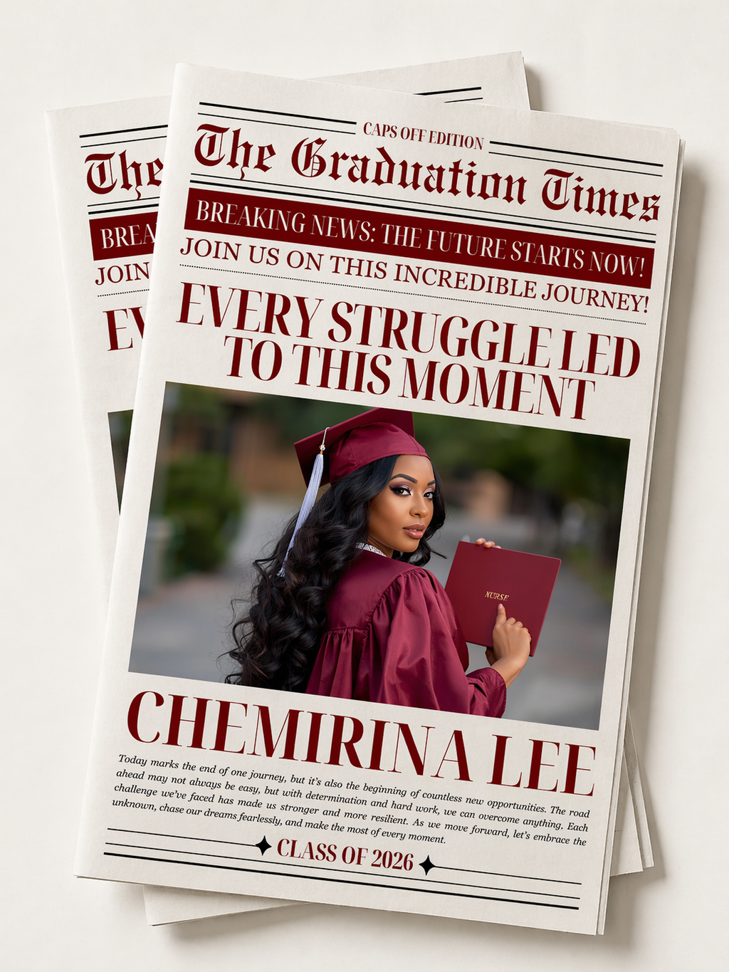 Graduation Newspaper Template with Photo, Class of 2026 Grad Announcement for Him and Her, Maroon Red Editable Canva Printable Invitation