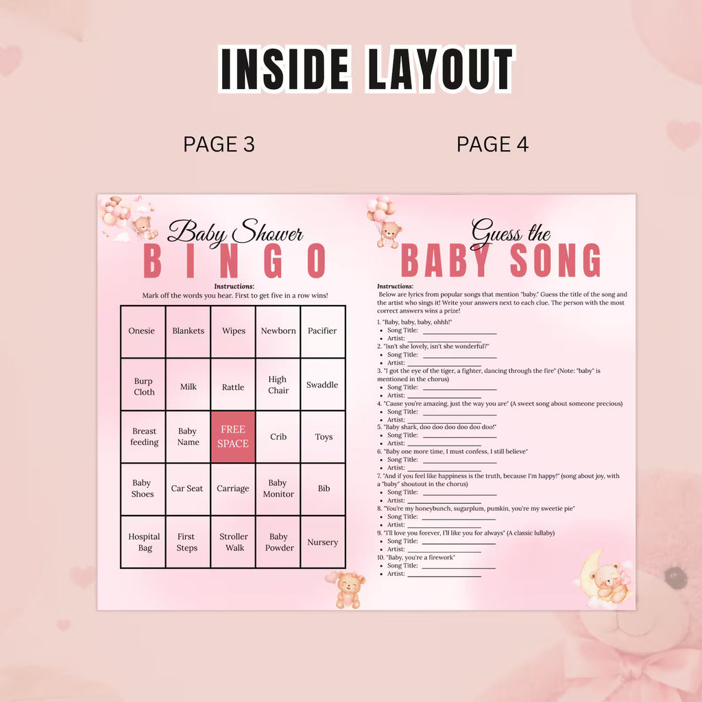 Pink Baby Shower Activity Booklet, Baby Shower Games Bundle Teddy Bear Themed, Magazine Style with photo Printable Party Decor Template
