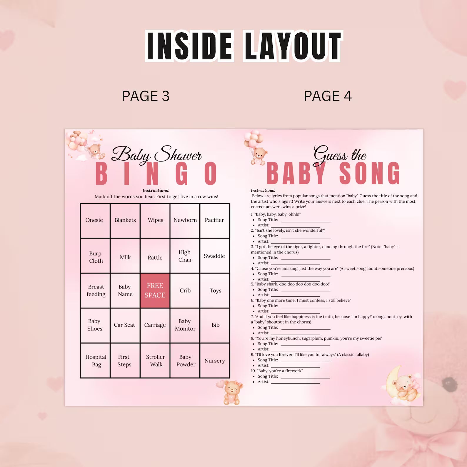Pink Baby Shower Activity Booklet, Baby Shower Games Bundle Teddy Bear Themed, Magazine Style with photo Printable Party Decor Template