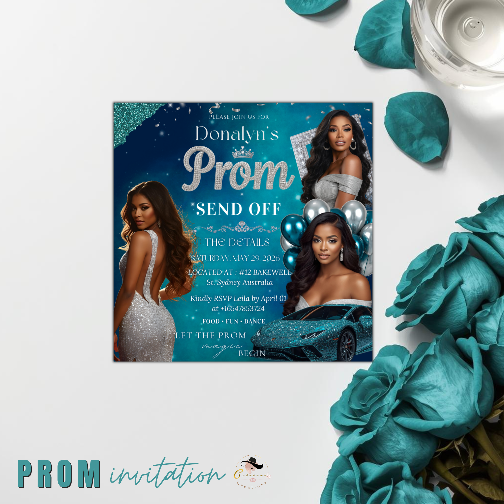 Prom Send Off Invitation, Prom Queen Party with photo invite, Girls Prom Night Flyer, Teal Silver Diamond Theme, Digital Printable Template