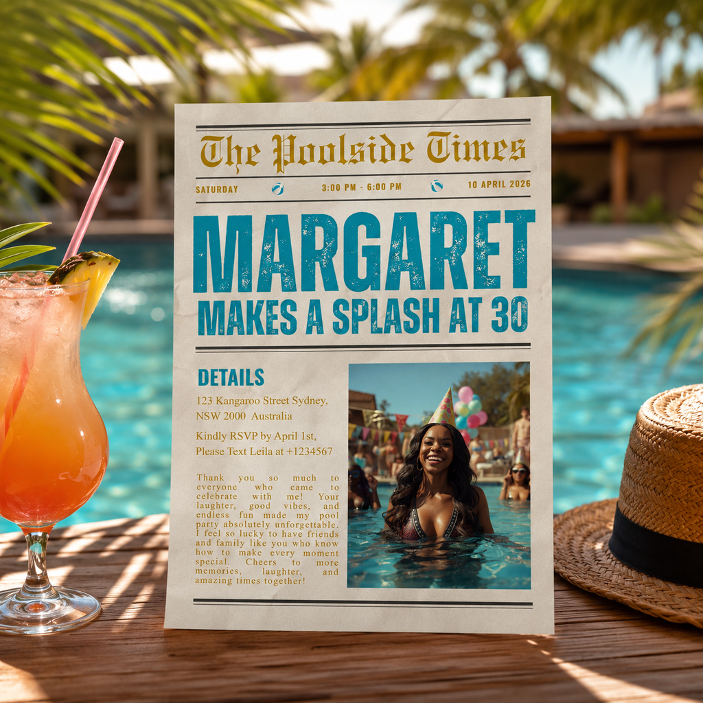 Birthday Pool Party Invitation with Photo, Newspaper Style Summer Tropical Adult Birthday Invite, Luau Invite, Printable Canva Template