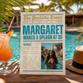 Birthday Pool Party Invitation with Photo, Newspaper Style Summer Tropical Adult Birthday Invite, Luau Invite, Printable Canva Template