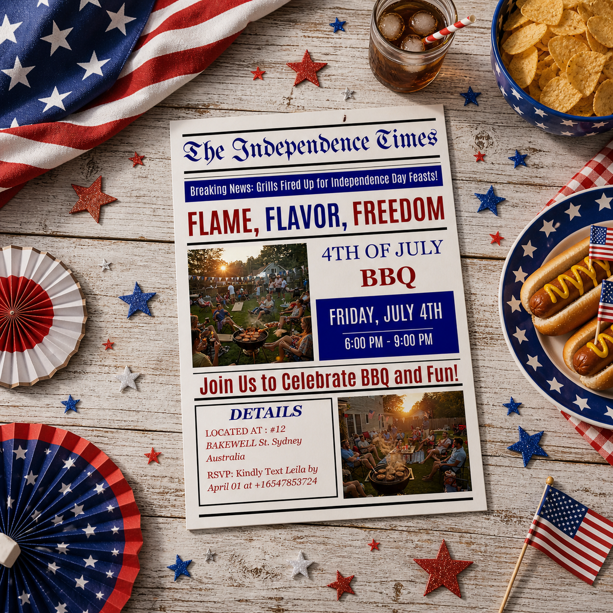 Newspaper 4th of July BBQ Party Invitation with Photo, Patriotic Cookout Invite Independence Day Fireworks Invite Printable Digital Template