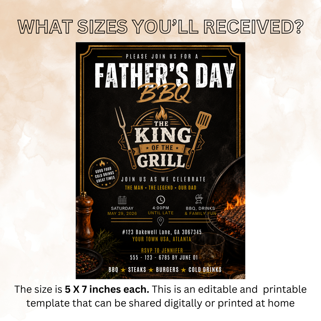 Father’s Day Family Cookout Invitation, BBQ Party for Dad, Barbecue Invite for him, Backyard Summer Gathering, Black Gold Editable Template