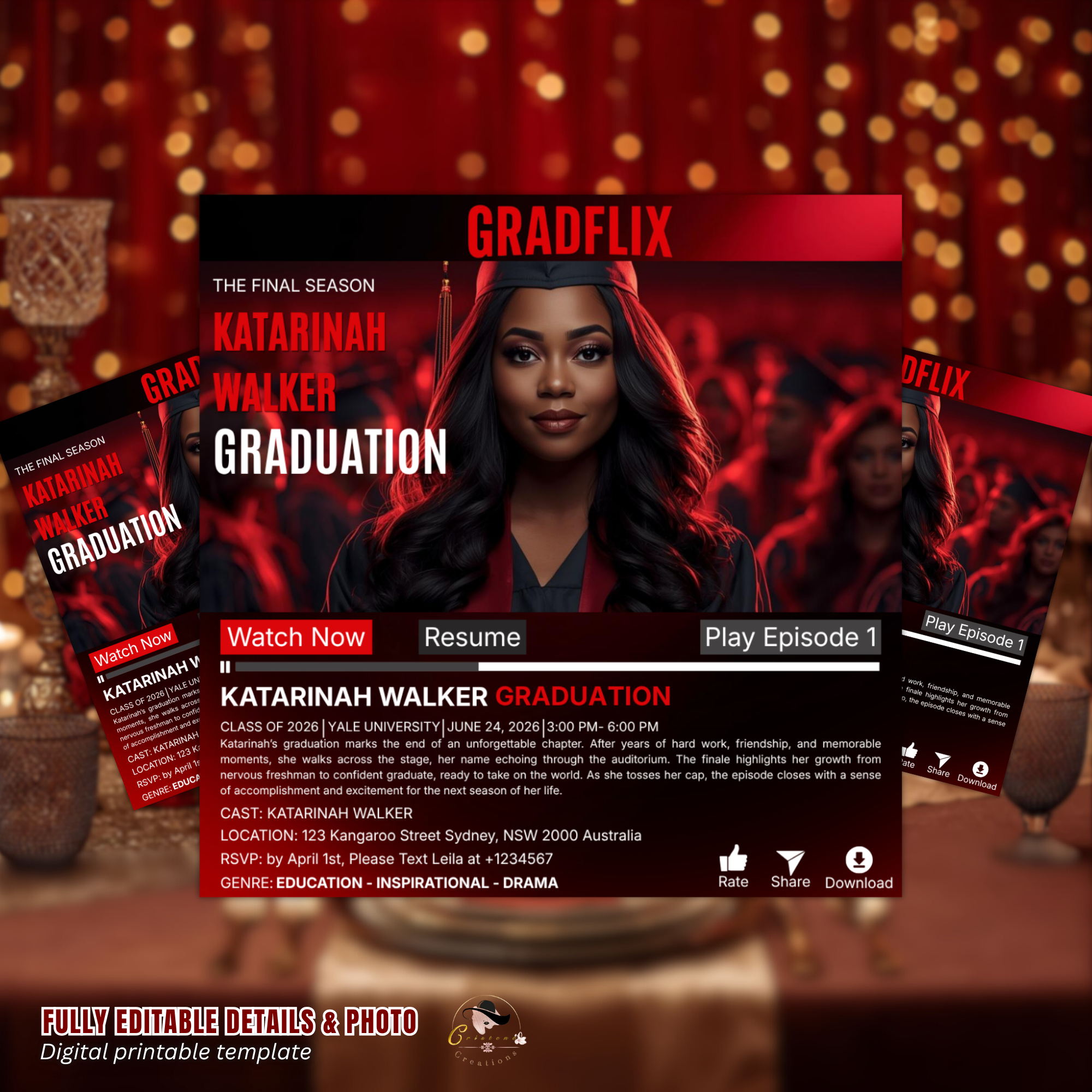 Red Movie Theme Graduation Invitation with Photo for Him and Her, Cinematic Grad Party Announcement Invite, Class of 2026 Canva Template