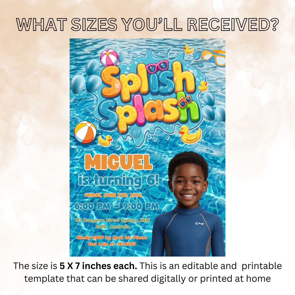 Kids Pool Party Birthday Invitation with Photo, Splash Party Invite, Tropical Summer Swim Party, Boy Birthday, Editable Canva Template