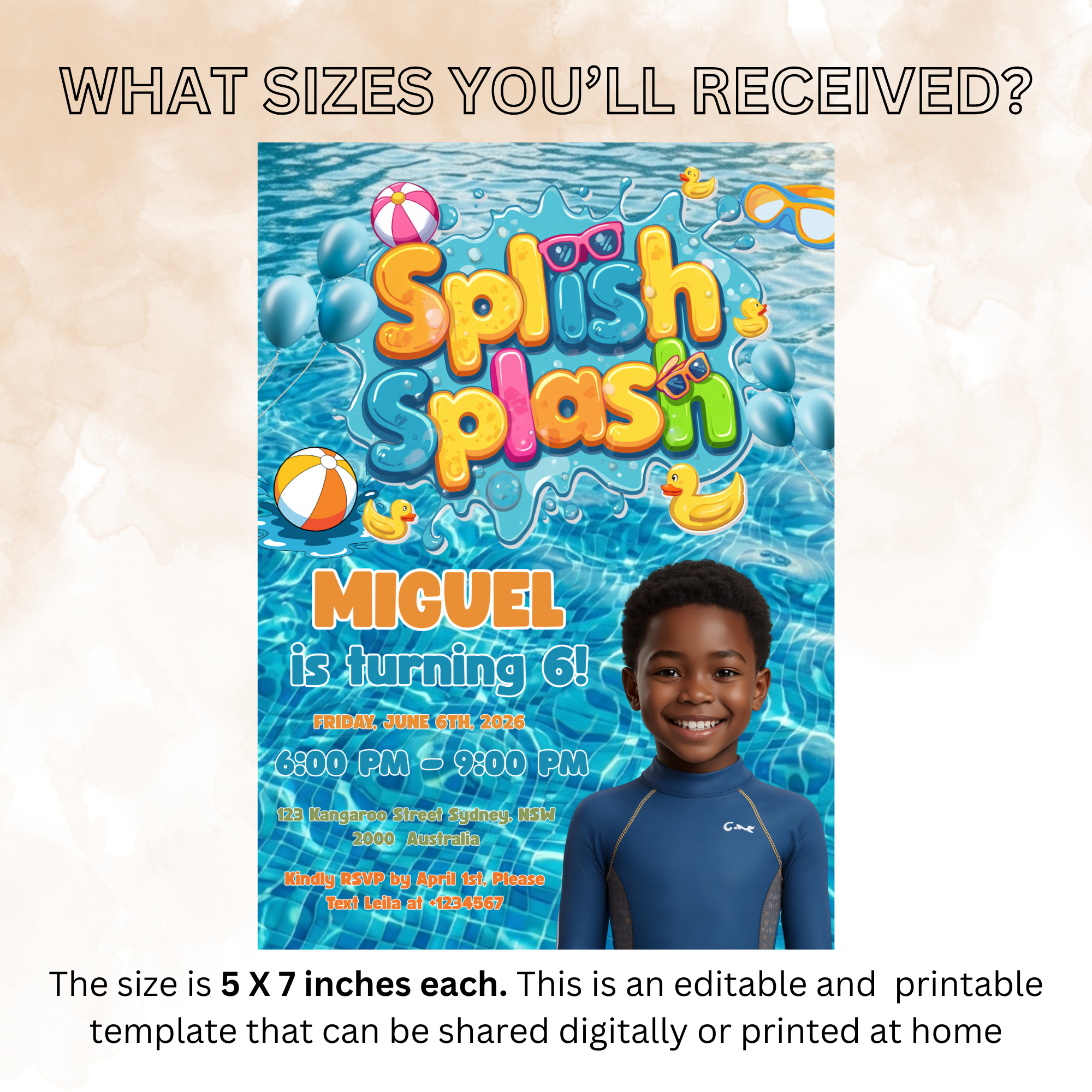 Kids Pool Party Birthday Invitation with Photo, Splash Party Invite, Tropical Summer Swim Party, Boy Birthday, Editable Canva Template