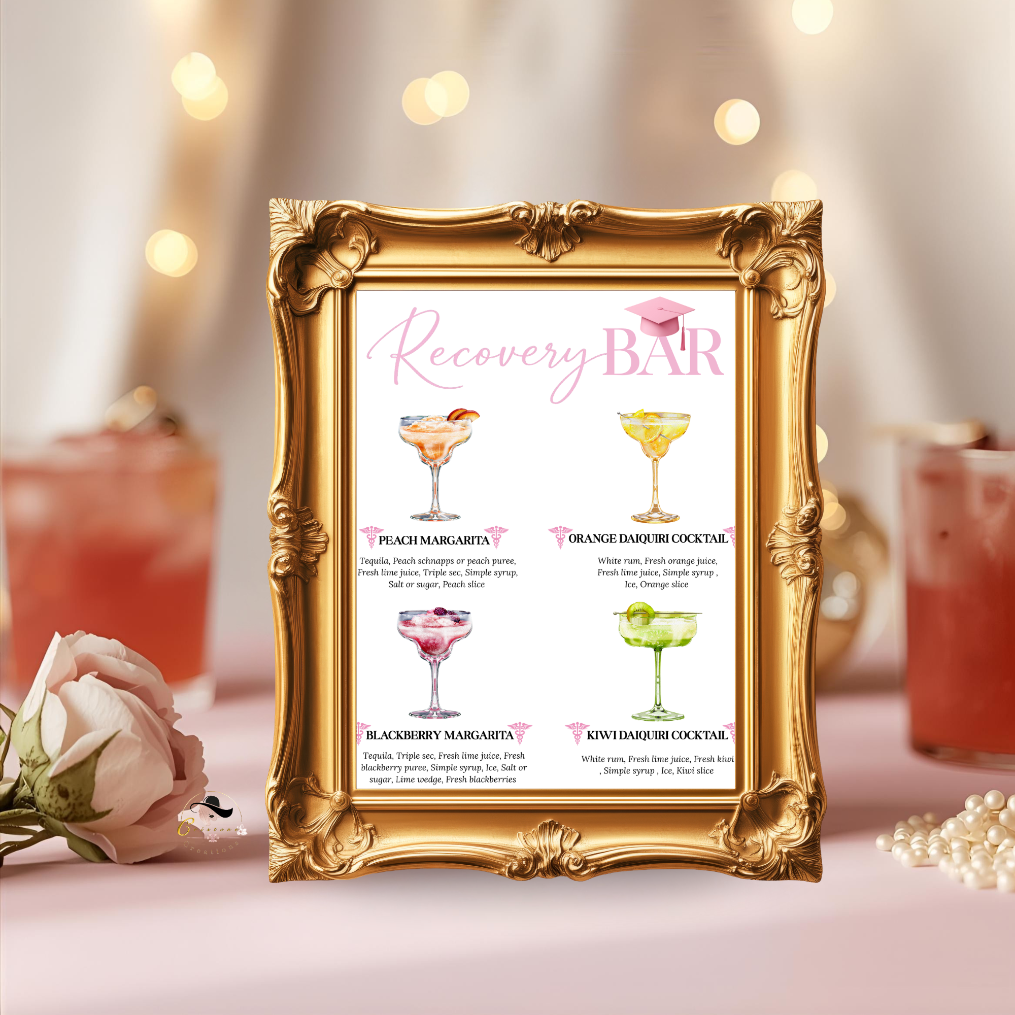 Nurse Graduation Drink Sign Template, Pink RN LPN CNA Cocktail Menu Card, Signature Drinks Bar, Hydration Station, Editable Canva Printable
