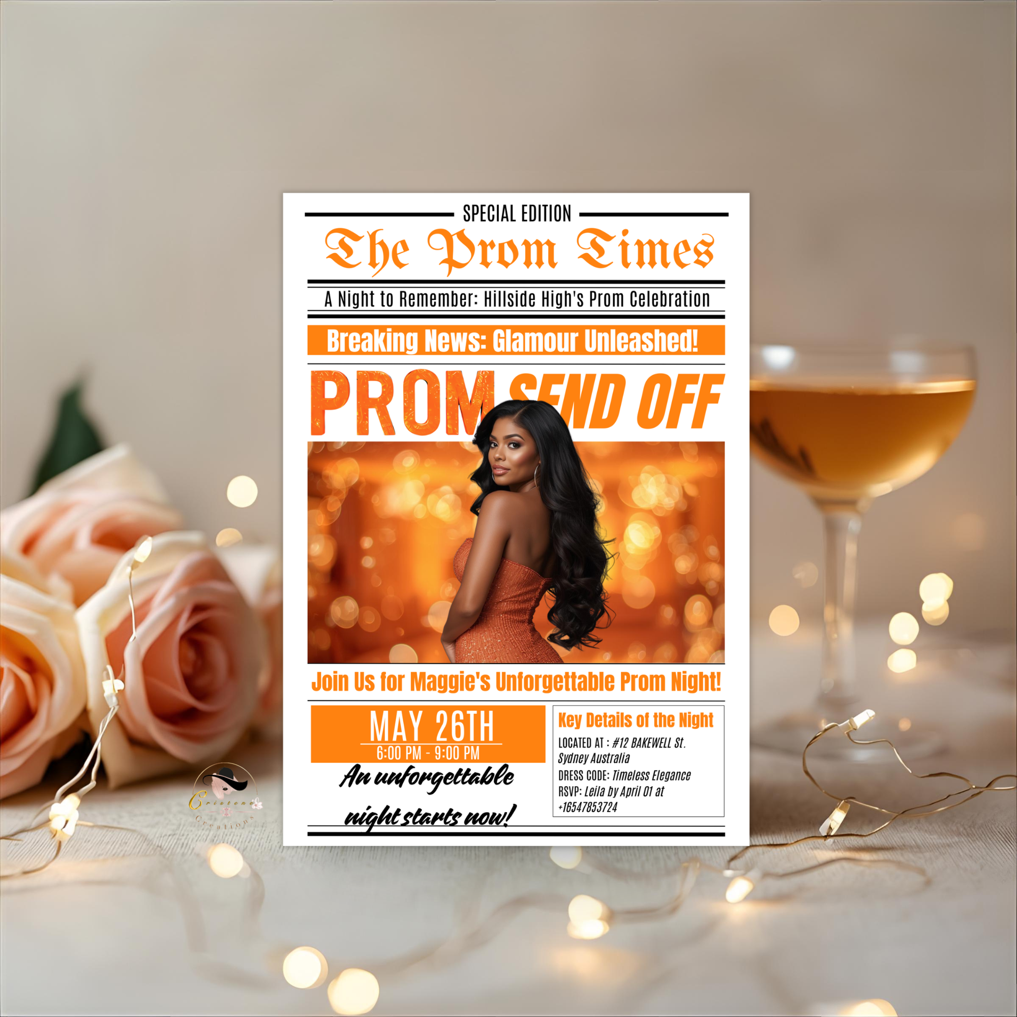 Newspaper Prom Send Off Invitation, Prom Queen with photo invite, Teen Girl Prom Night Party Flyer, Orange Prom, Digital Printable Template