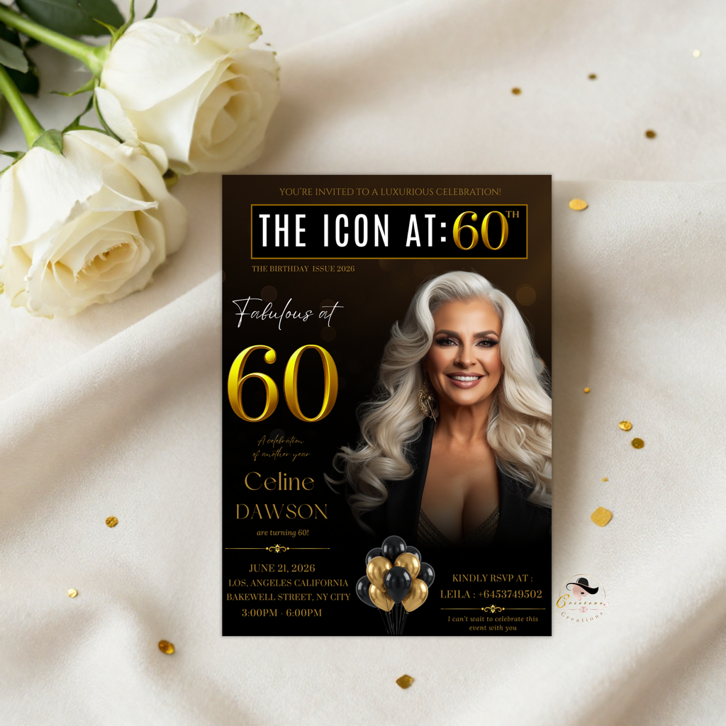 Black Gold 60th Birthday Invitation, 60 and Fabulous Invite, Elegant Party Dinner Brunch, Sixtieth Birthday Card, Photo Canva Template