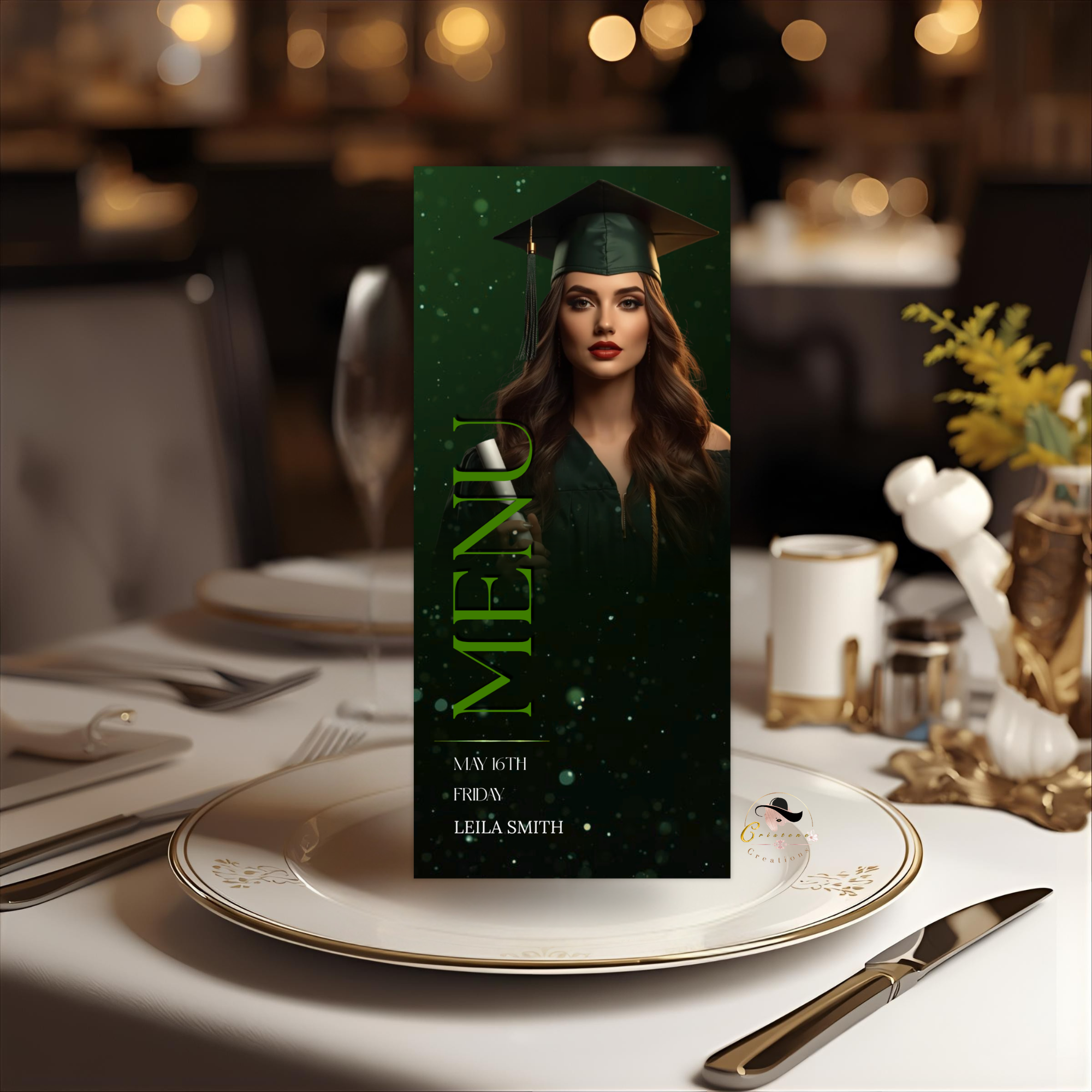 Green Graduation Menu Template with Photo, Grad Dinner or Brunch Menu Card, Class of 2026 Party Menu for Him and Her, Canva Printable