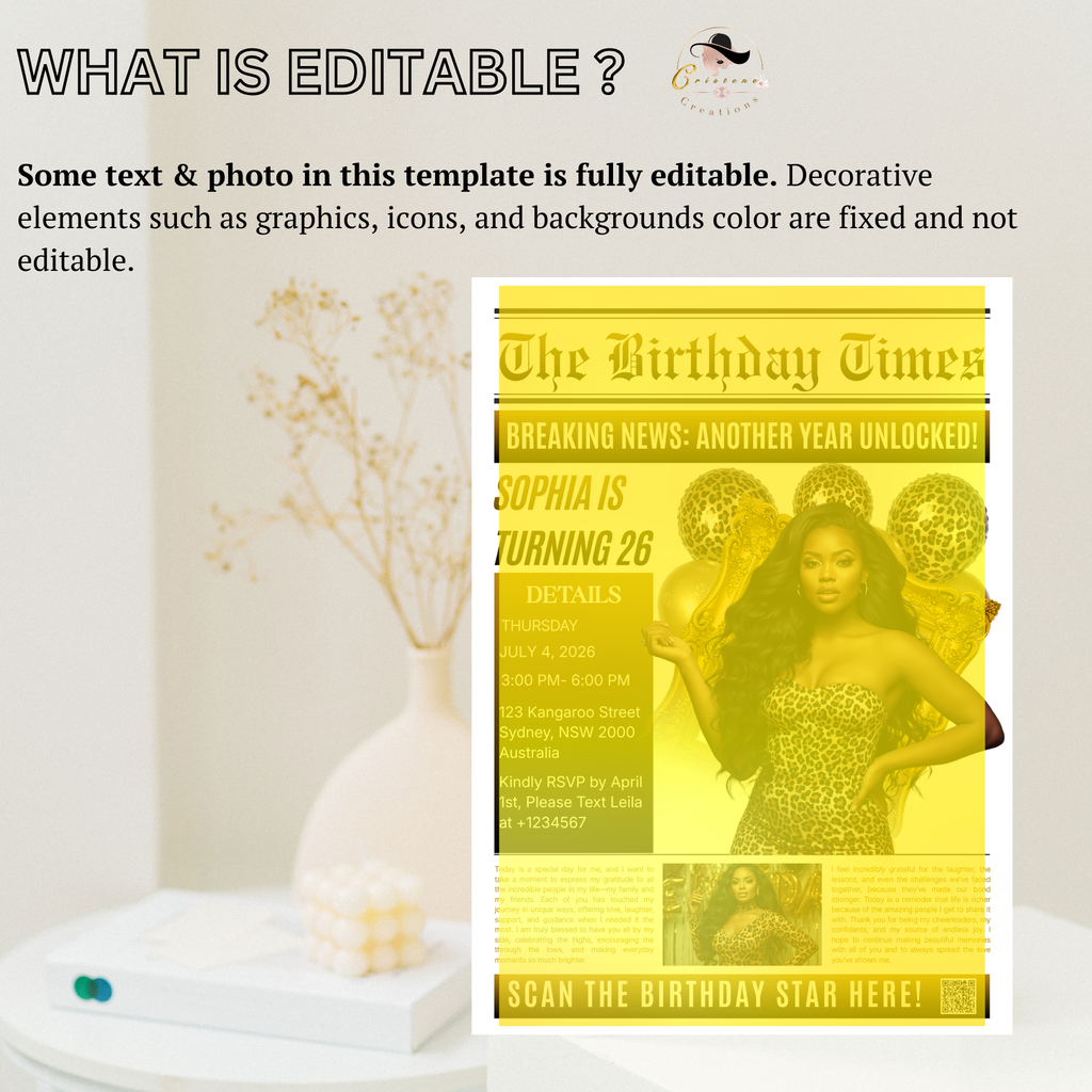 Leopard Print Newspaper Birthday Invitation with Photo, Birthday Dinner and Brunch Party Invite, Cheetah Print Editable Canva Template
