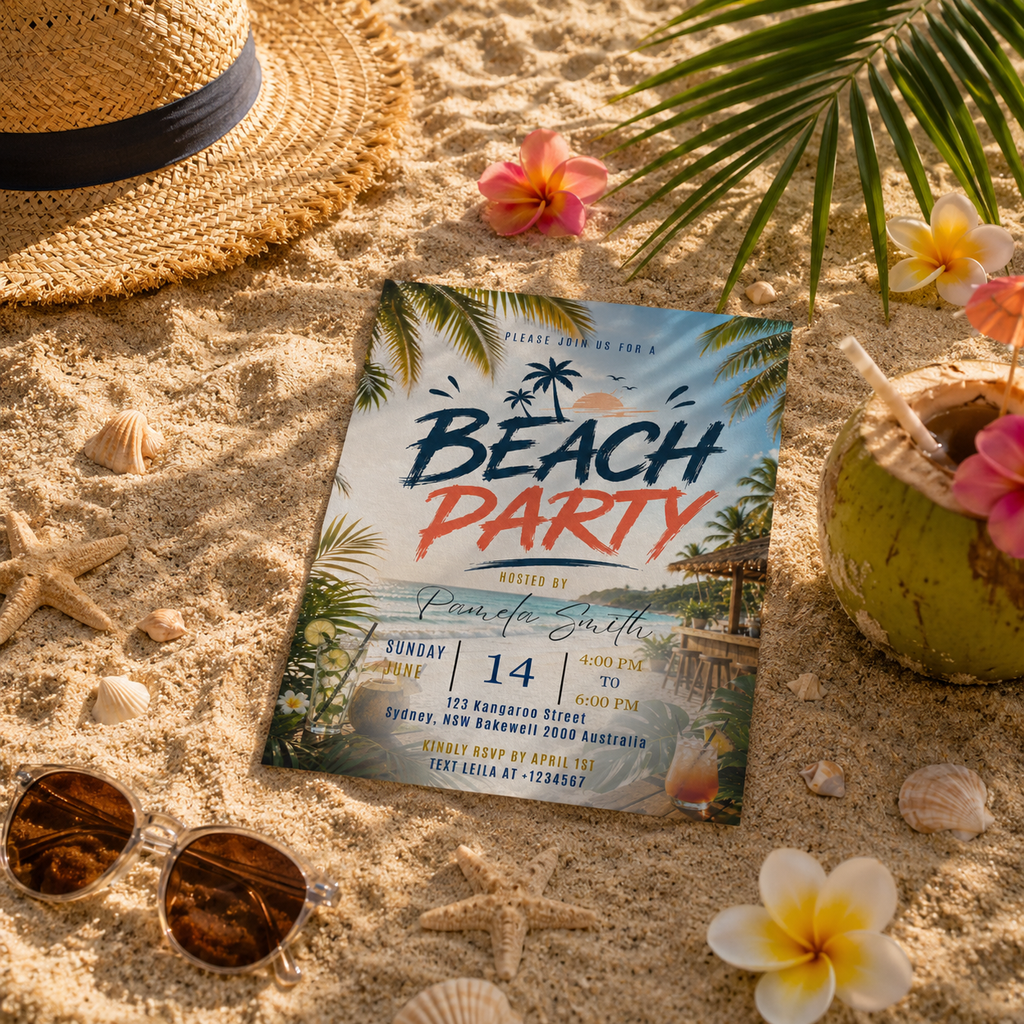 Beach Party Invitation, Tropical Summer Birthday Invite, Adult Beach Bash, Island Theme Celebration, Editable Canva Printable Template