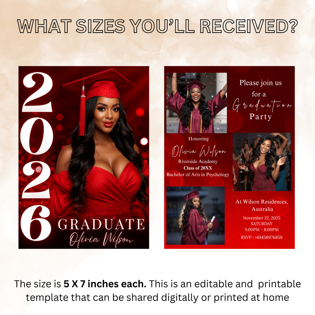 Red Graduation Invitation with Photo, Class of 2026 Grad Party Announcement Invite, Printable Editable Digital Template for Him and Her